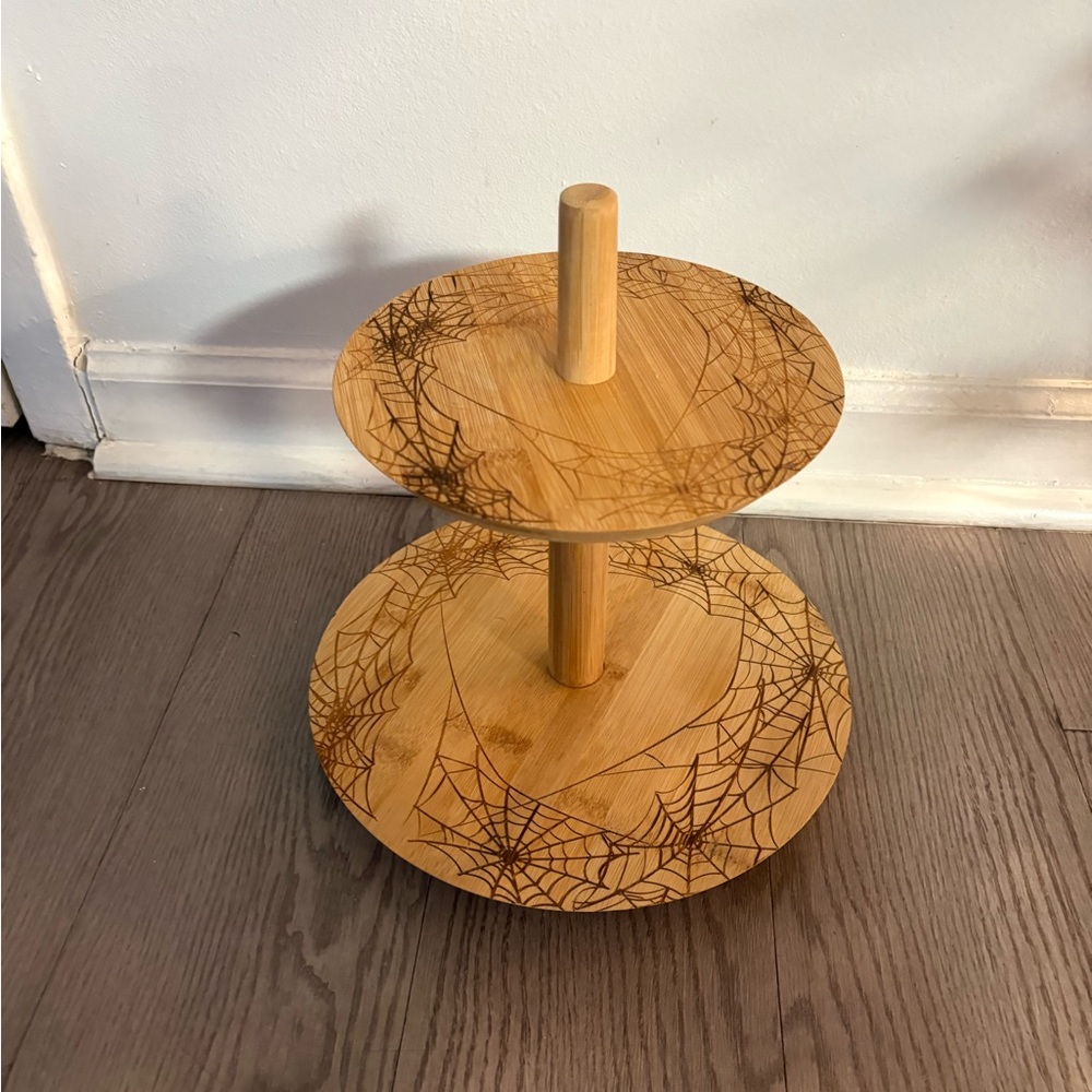 Bamboo Two-Tier Stand with Spider Web Etching